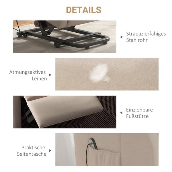 Fåtölj med Elektrisk Tillbakalutningsfunktion, 72.5x94x109 cm, Kräm