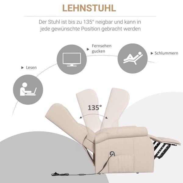 Fåtölj med Elektrisk Tillbakalutningsfunktion, 72.5x94x109 cm, Kräm