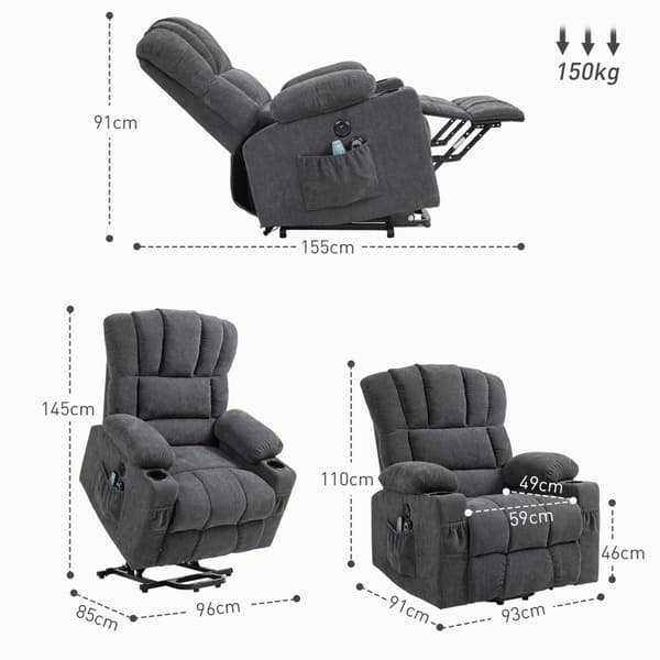 Rootz Electric Power Lift Stand Up Chair - Recliner - Cinema Chair - Massage & Heat - 93W X 91D x 110H CM - USB Ports & Cup Holders - Grey