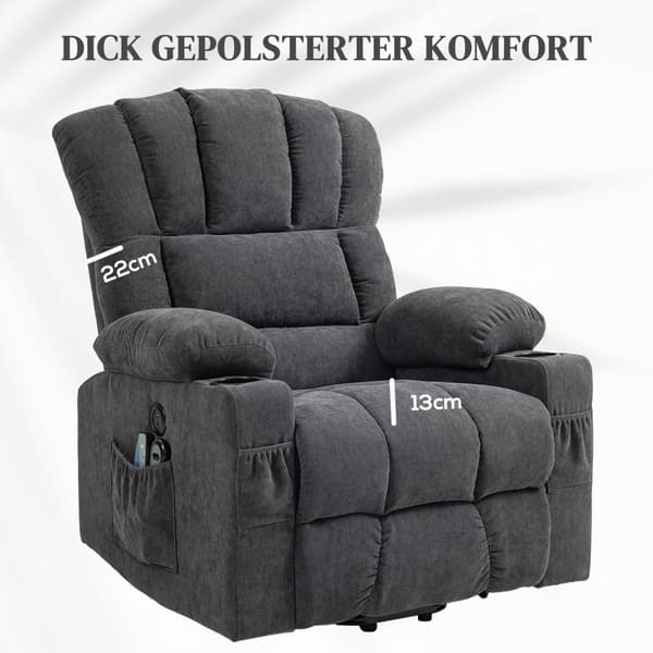 Rootz Electric Power Lift Stand Up Chair - Recliner - Cinema Chair - Massage & Heat - 93W X 91D x 110H CM - USB Ports & Cup Holders - Grey