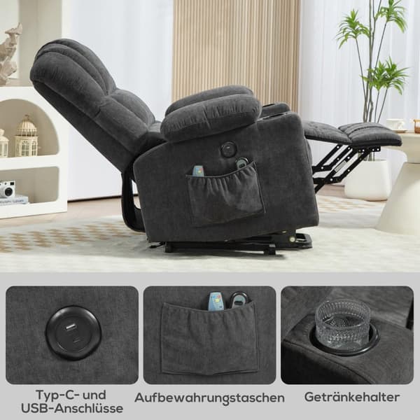 Rootz Electric Power Lift Stand Up Chair - Recliner - Cinema Chair - Massage & Heat - 93W X 91D x 110H CM - USB Ports & Cup Holders - Grey