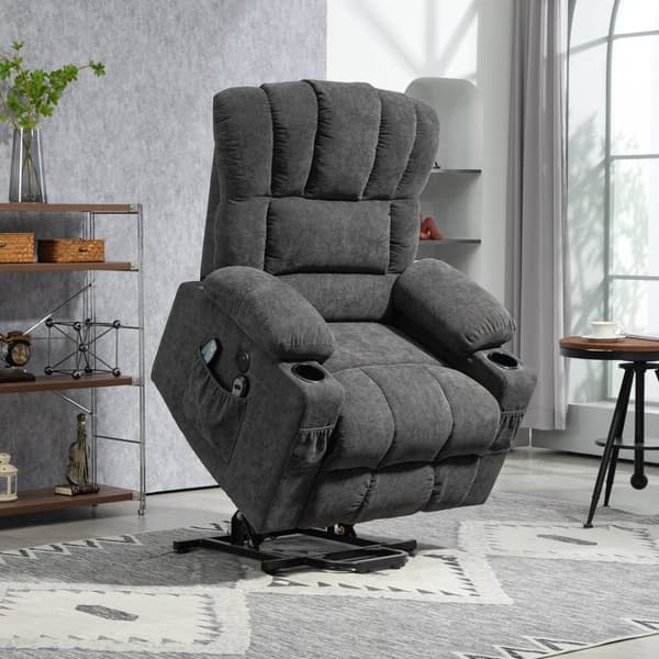Rootz Electric Power Lift Stand Up Chair - Recliner - Cinema Chair - Massage & Heat - 93W X 91D x 110H CM - USB Ports & Cup Holders - Grey