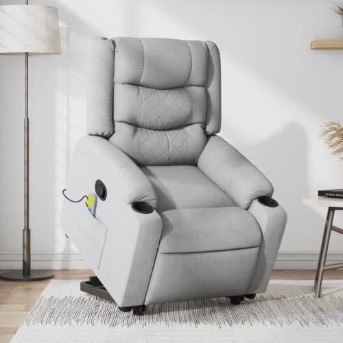 Massagefåtölj med uppresningshjälp ljusgrå tyg