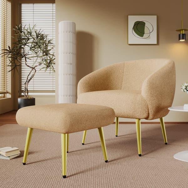 Moderne Sherpa-lænestol med fodskammel – ergonomisk loungesæde med guldfarvede ben og luksuriøs komfort til stuen