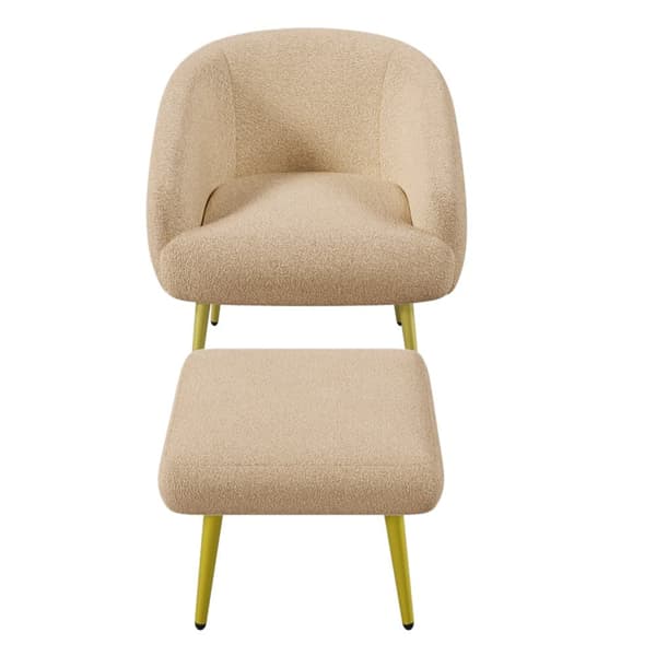 Moderne Sherpa-lænestol med fodskammel – ergonomisk loungesæde med guldfarvede ben og luksuriøs komfort til stuen