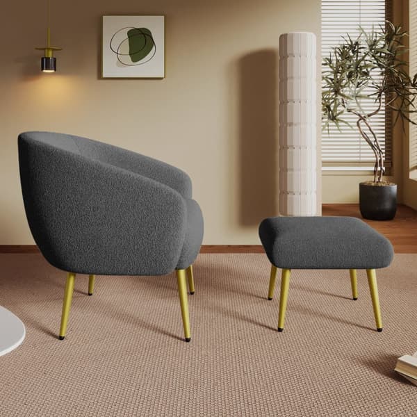 Moderne Sherpa-lænestol med fodskammel – ergonomisk loungesæde med guldfarvede ben og luksuriøs stuekomfort