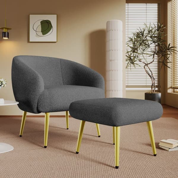 Moderne Sherpa-lænestol med fodskammel – ergonomisk loungesæde med guldfarvede ben og luksuriøs stuekomfort