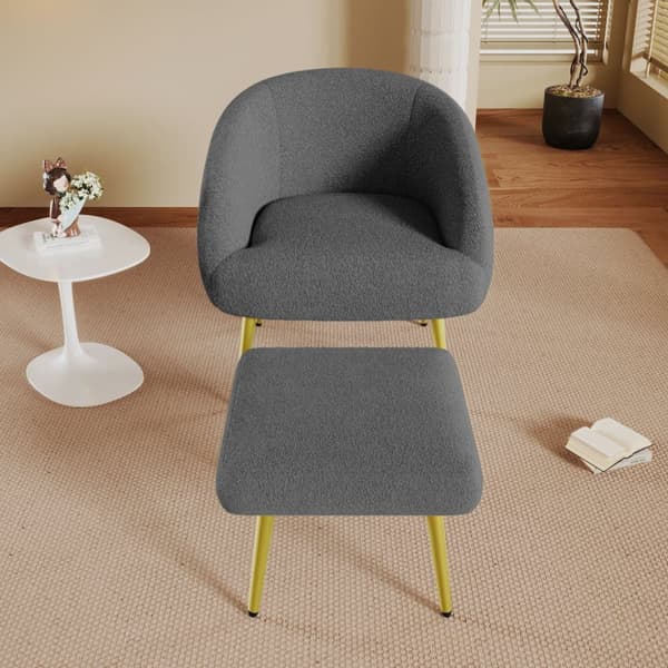 Moderne Sherpa-lænestol med fodskammel – ergonomisk loungesæde med guldfarvede ben og luksuriøs stuekomfort