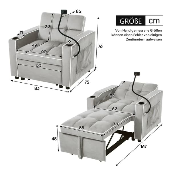 3-i-1 utdragbar bäddfåtölj – med mugghållare & mobilhållare, sovstol/loungefåtölj, kompakt soffa för små utrymmen, 83×167×76 cm