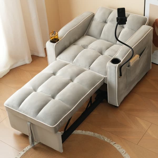 3-i-1 utdragbar bäddfåtölj – med mugghållare & mobilhållare, sovstol/loungefåtölj, kompakt soffa för små utrymmen, 83×167×76 cm