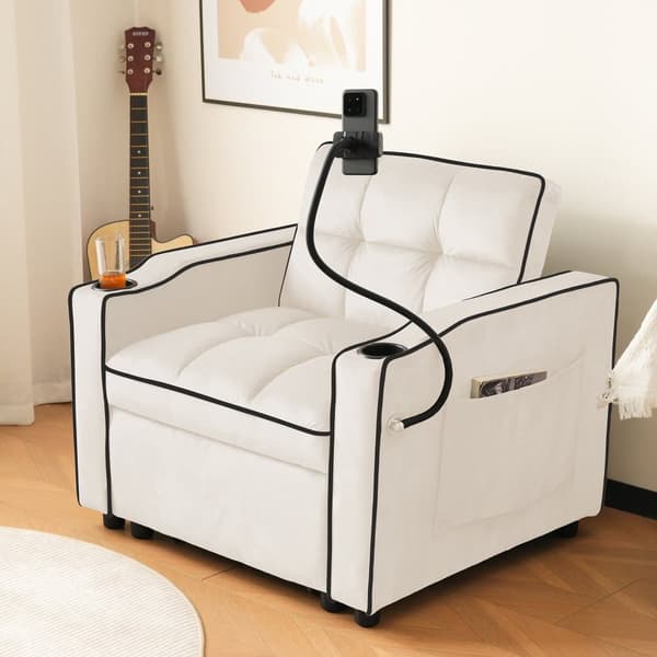 3-i-1 Bäddfåtölj för en person – Utdragbar vilstol med dryckeshållare & mobilhållare, sovfåtölj och loungesoffa för små utrymmen, 83x167x76 cm
