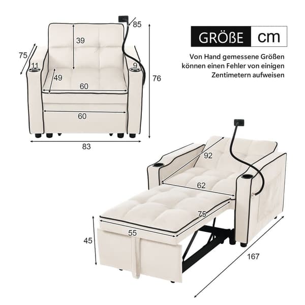 3-i-1 Bäddfåtölj för en person – Utdragbar vilstol med dryckeshållare & mobilhållare, sovfåtölj och loungesoffa för små utrymmen, 83x167x76 cm