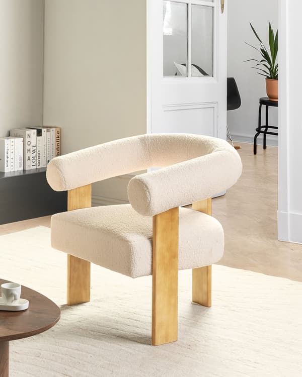 Lenestol Off-white Lysebrun Boucléstoff Tre Retro design Stue Spisestue Stol