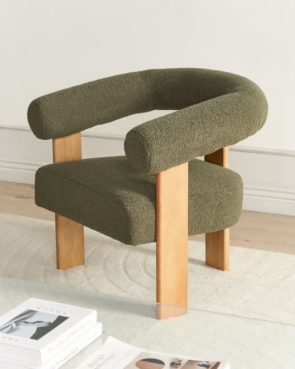 Lenestol Grønn Lysebrun Boucléstoff Tre Retro design Stue Spisestue Stol