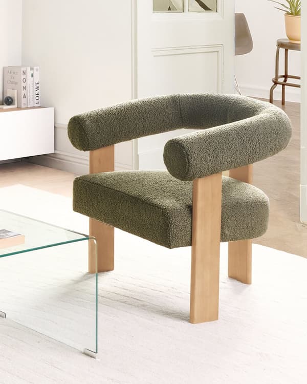 Lenestol Grønn Lysebrun Boucléstoff Tre Retro design Stue Spisestue Stol