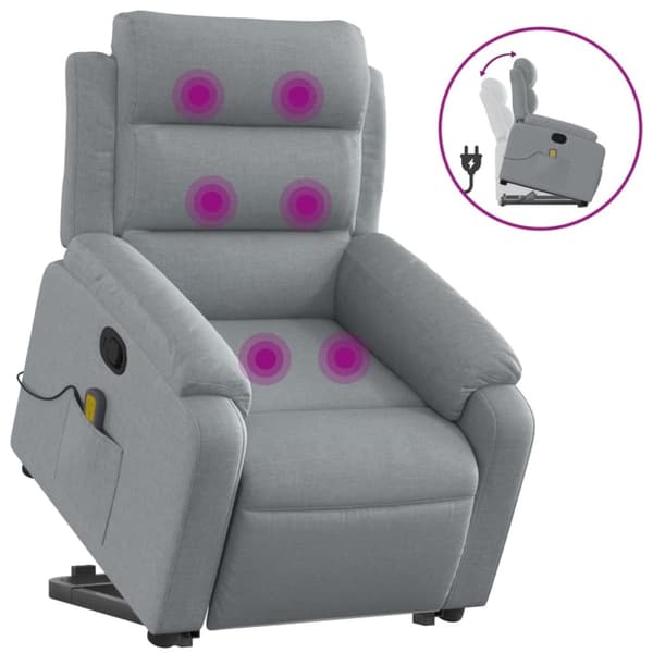 Massagefåtölj med uppresningshjälp ljusgrå tyg