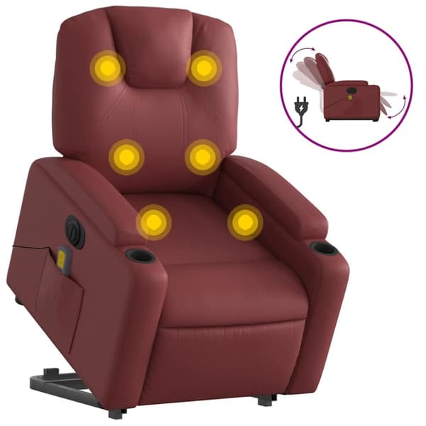 Massagefåtölj med uppresningshjälp vinröd konstläder
