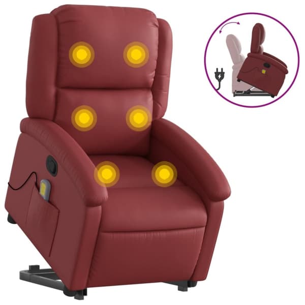 Massagefåtölj med uppresningshjälp vinröd konstläder