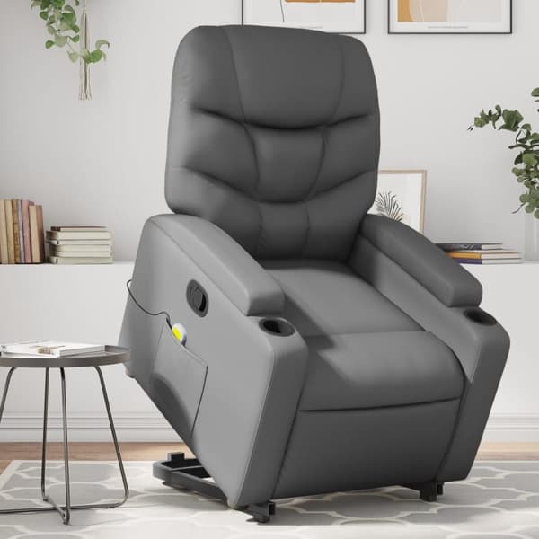 Massagefåtölj med uppresningshjälp Grå konstläder