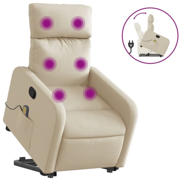 Massagefåtölj med uppresningshjälp gräddvit tyg