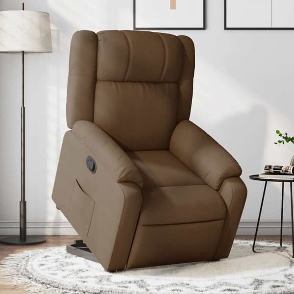Reclinerfåtölj med uppresningshjälp brun tyg