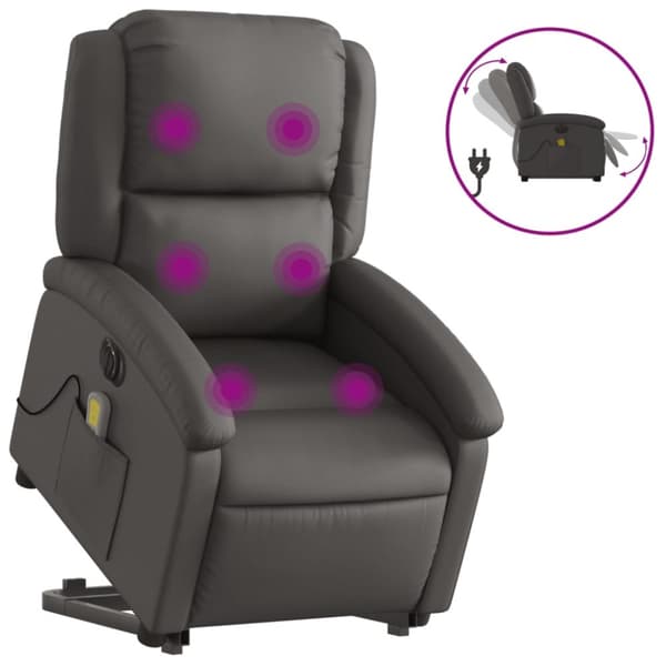 Massagefåtölj med uppresningshjälp grå äkta läder