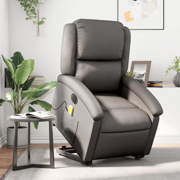 Massagefåtölj med uppresningshjälp grå äkta läder