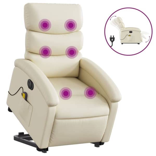 Massagefåtölj med uppresningshjälp gräddvit konstläder