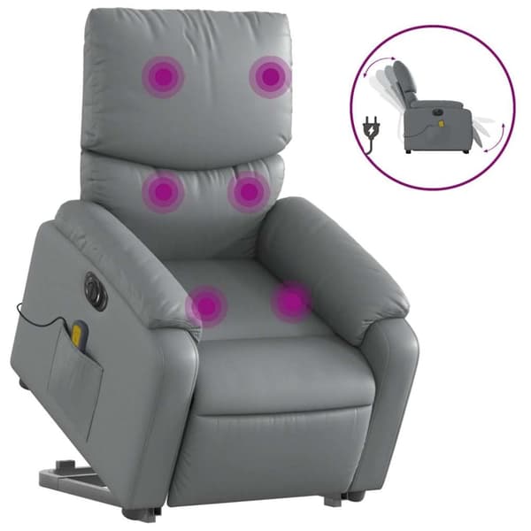 Massagefåtölj med uppresningshjälp grå konstläder
