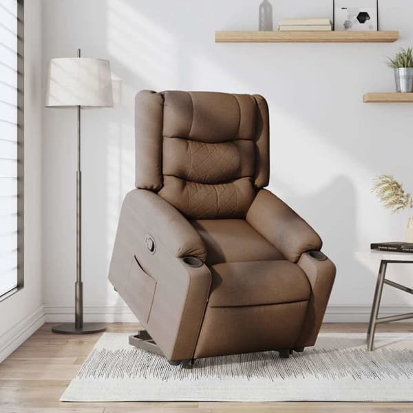 Reclinerfåtölj med uppresningshjälp brun tyg
