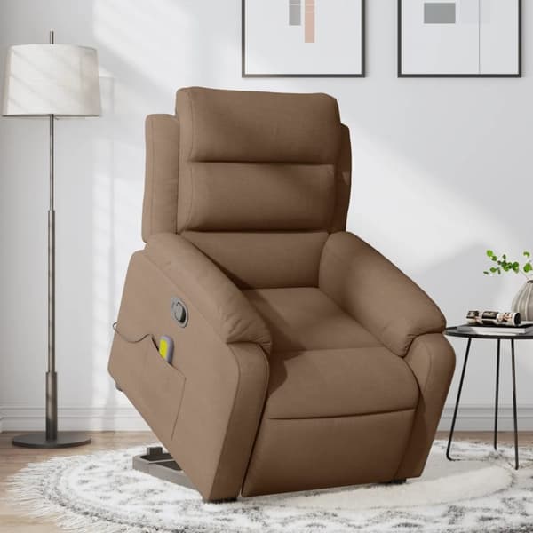 Massagefåtölj med uppresningshjälp brun tyg