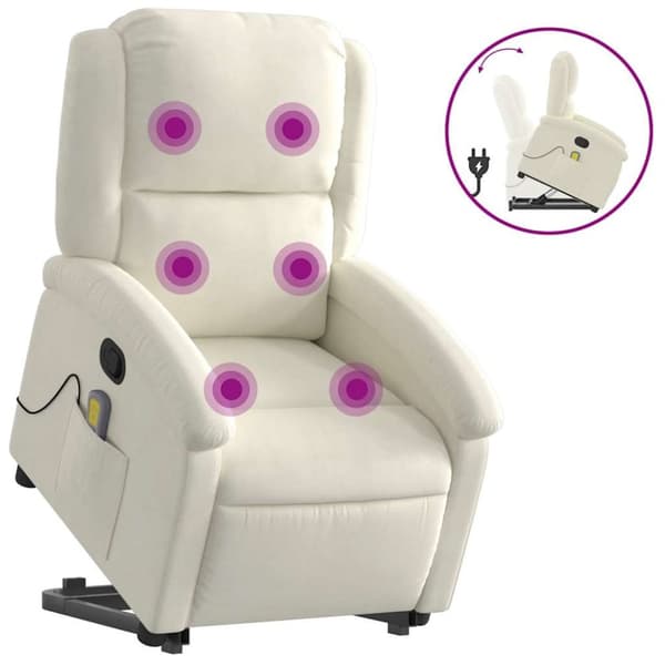 Massagefåtölj med uppresningshjälp Gräddvit sammet