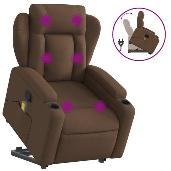 Massagefåtölj med uppresningshjälp brun tyg