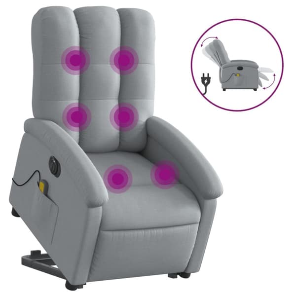 Elektrisk massagefåtölj med uppresningshjälp ljusgrå tyg