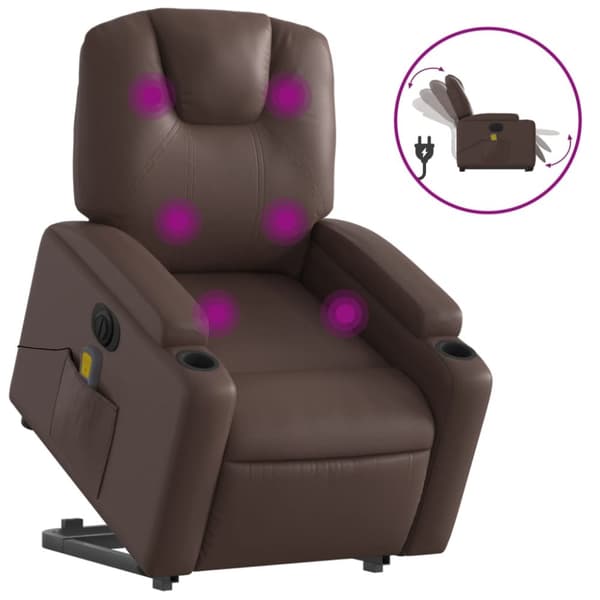 Massagefåtölj med uppresningshjälp brun konstläder
