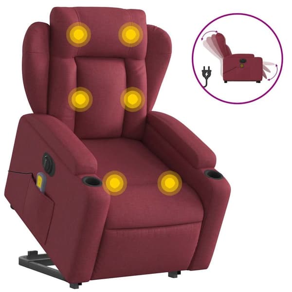 Elektrisk massagefåtölj med uppresningshjälp vinröd tyg