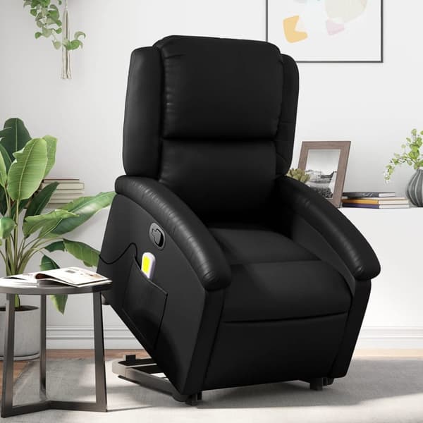 Massagefåtölj med uppresningshjälp svart konstläder