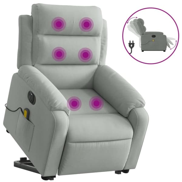 Elektrisk massagefåtölj med uppresningshjälp ljusgrå sammet