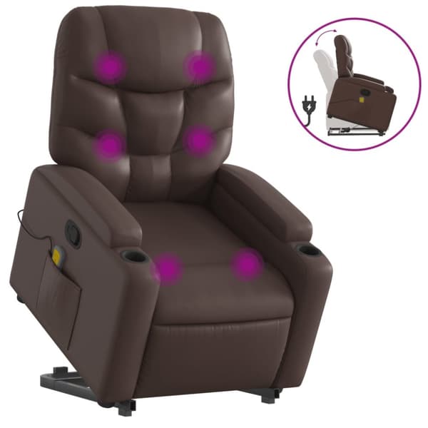 Massagefåtölj med uppresningshjälp brun konstläder