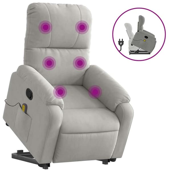 Massagefåtölj med uppresningshjälp ljusgrå mikrofibertyg