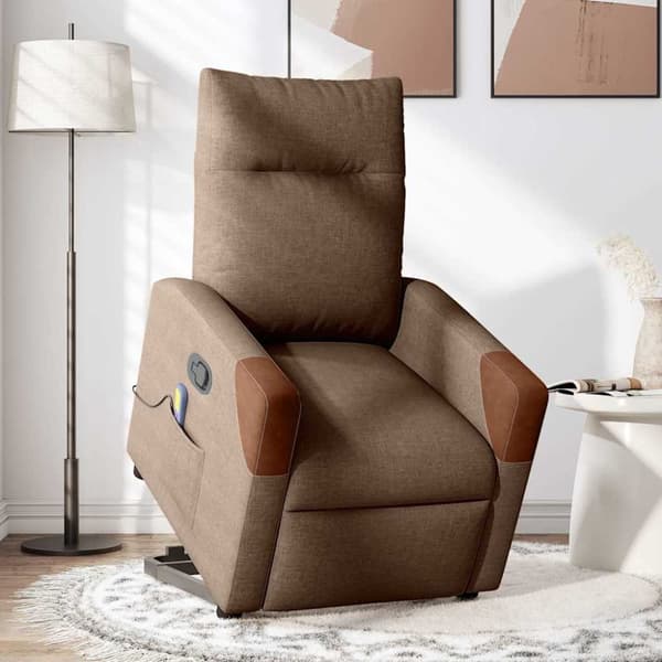 Massagefåtölj med uppresningshjälp brun tyg