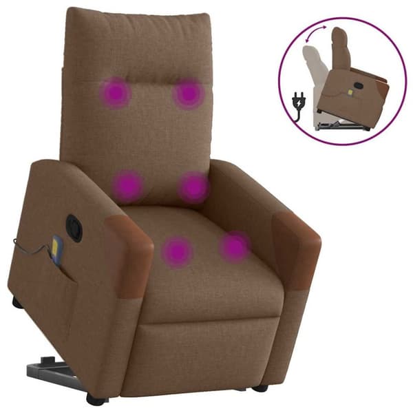 Massagefåtölj med uppresningshjälp brun tyg