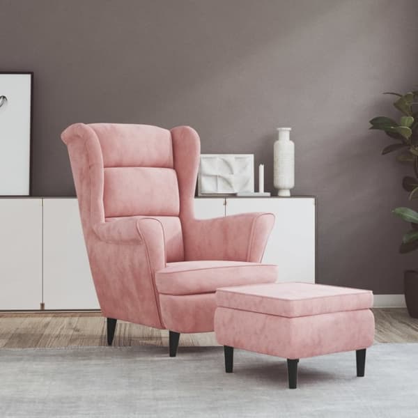 Öronlappsfåtölj med pall rosa sammet