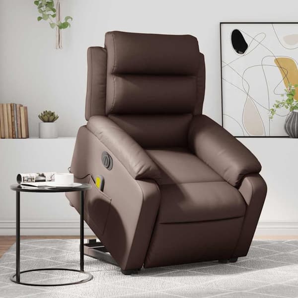 Massagefåtölj med uppresningshjälp brun konstläder