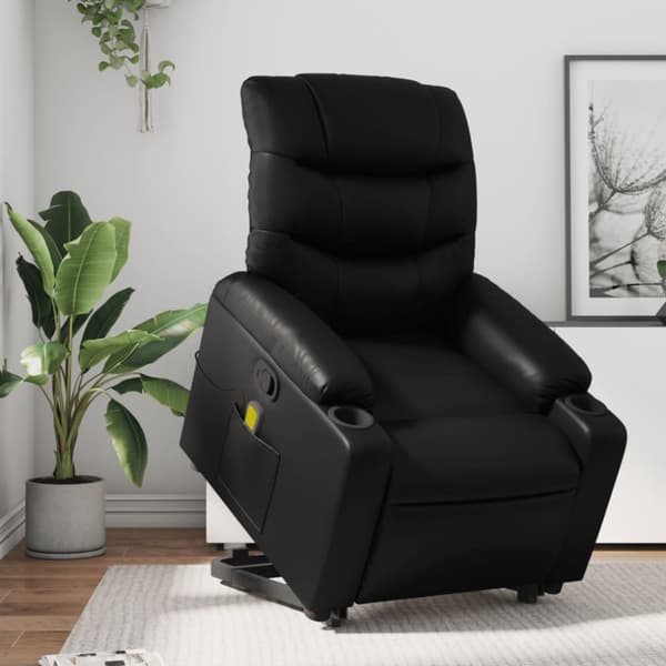 Massagefåtölj med uppresningshjälp svart konstläder