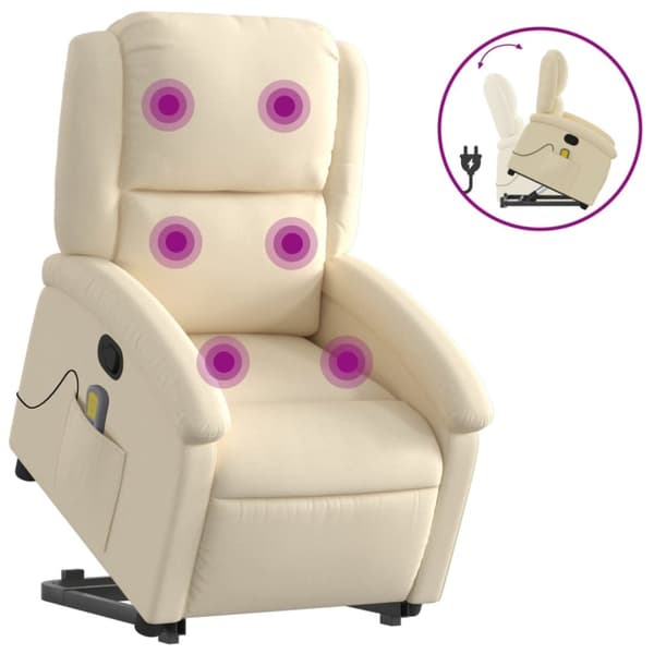 Massagefåtölj med uppresningshjälp gräddvit tyg