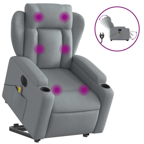 Elektrisk massagefåtölj med uppresningshjälp ljusgrå tyg