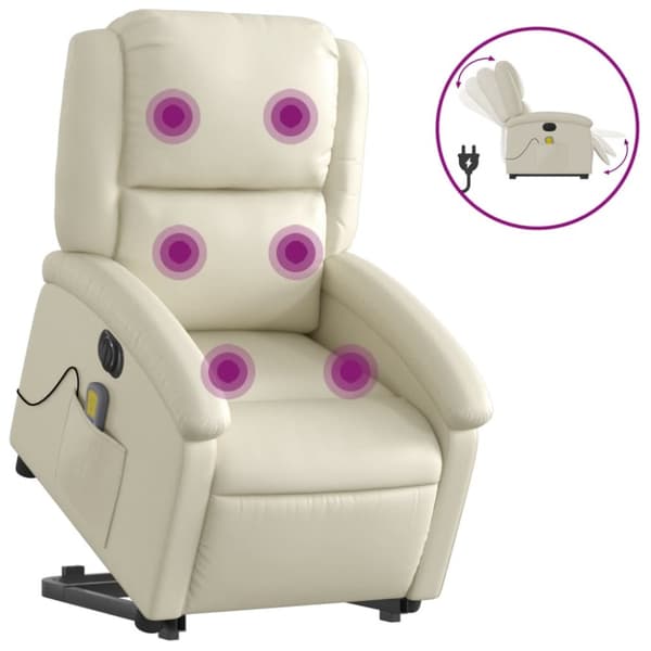 Massagefåtölj med uppresningshjälp gräddvit konstläder