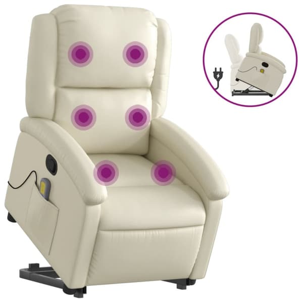 Massagefåtölj med uppresningshjälp gräddvit konstläder
