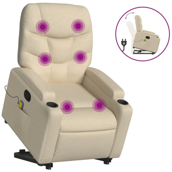 Massagefåtölj med uppresningshjälp gräddvit tyg